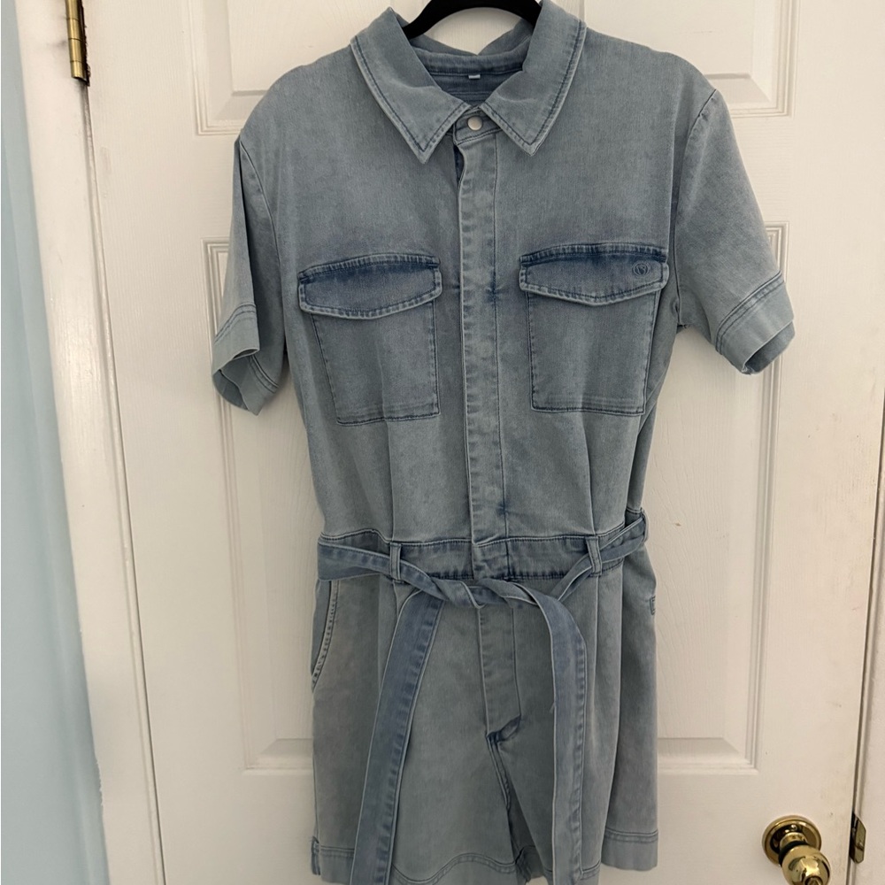Denim Short Sleeve Romper with Belt